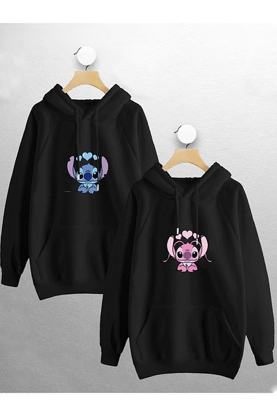 Jobia Outdoors Women's Men's Lilo and Angel Stitch Lover Couple Combination Design Hooded Sweatshirt Set of 2
