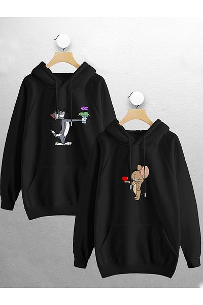 Jobia Outdoors Women's Men's Floral Tom and Jerry Lover Couple Combination Design Hooded Sweatshirt Set of 2
