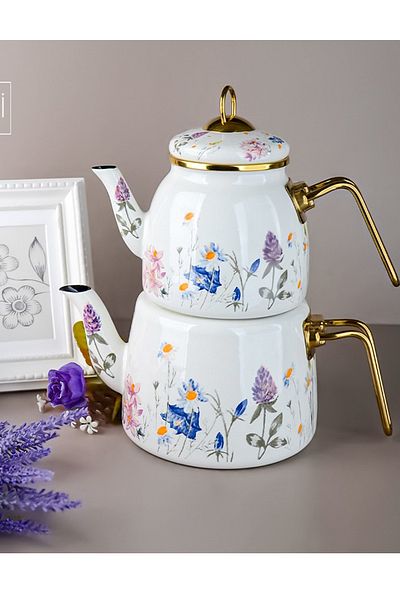 PORLİSMA Floral Enamel Teapot Set, Spring Pattern Floral Gold Handle Enamel Teapot