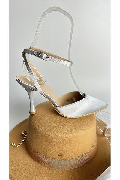 Gloriys Ayakkabı & Çanta Satin argintiu toc 10 cm pantofi cu curele la glezna 0610