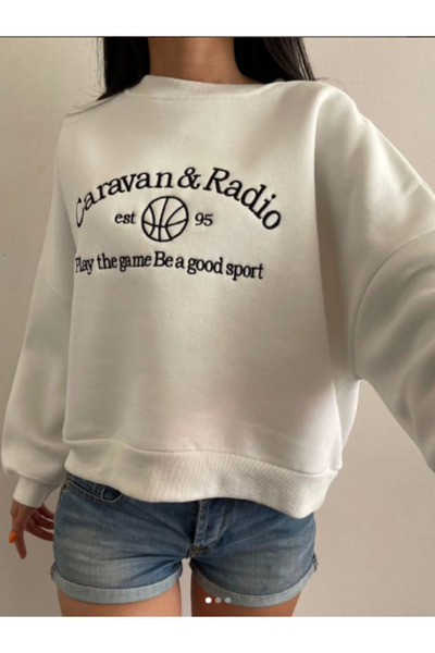Kadın Oversize Caravan&Radio Sweatshirt Beyaz