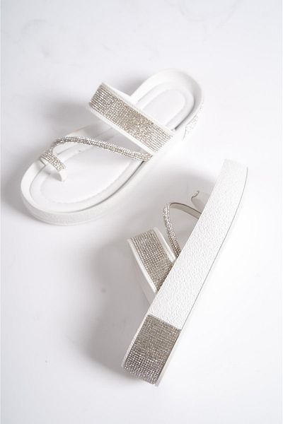 Capone Outfitters Kovové dámské pantofle Capone Stoned Banded Stone Detailed na klínovém podpatku