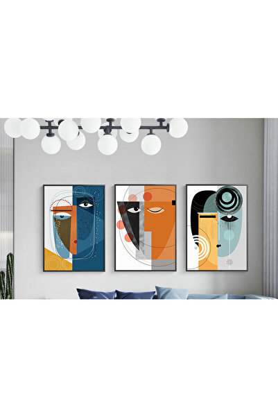 Linacci Üçlü Siyah Metal Çerçeve Siluet Yüzler Sanatsal Camlı Tablo Seti