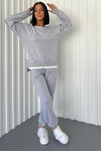 lovebox Two Thread Cotton Fabric Side Zipper Garni and Leg Detail Long Sleeve Gray Tracksuit 300