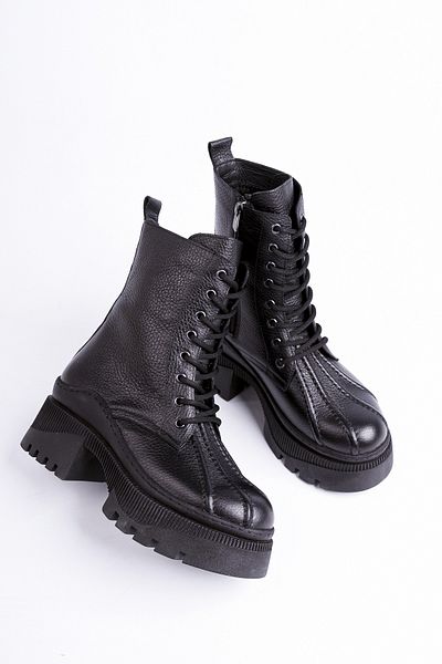Deripabuc Genuine Leather Black Women's Serrated Platform Sole Leather Boots Trc-3001
