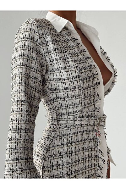 hillone Μίντι Φόρεμα με Ζώνη από Tweed