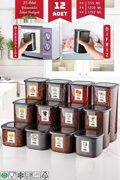 Open Home Concept Set of 12 Anthracite Economical Unbreakable Storage Containers with Labels 1.75/1.2/0.55 Lt