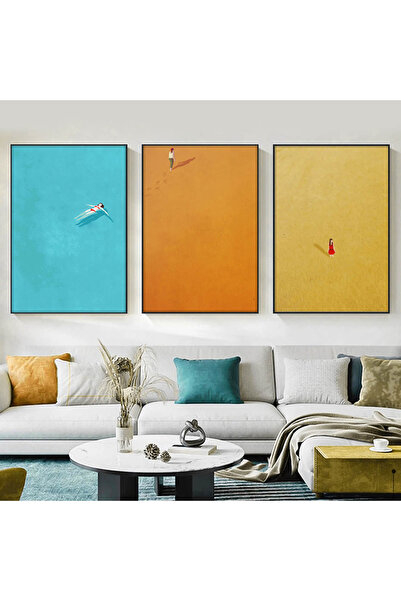 Linacci Üçlü Siyah Alüminyum Metal Mavi Turuncu Motto Camlı Tablo Seti