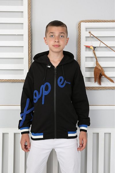 Elvinsa Black Blue Colored Hooded Seasonal School Boys' Sweat Coat with Zipper Pockets