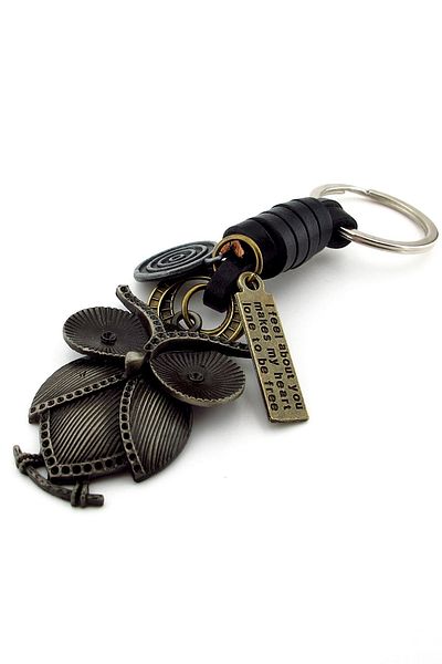 Solfera Big Eyed Owl Black Real Leather Metal Keychain KC039