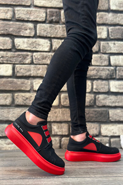 Mida Shoes Black Red Leather Elastic Men's Sports Shoes