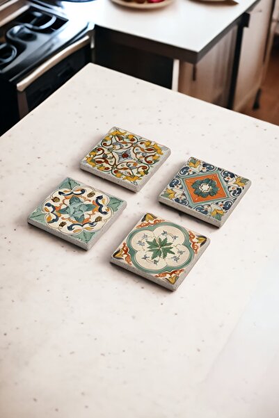 Baumatelier طقم قواعد أكواب من حجر الترافرتين الطبيعي بنمط البلاط الأخضر مكون من 4 قطع