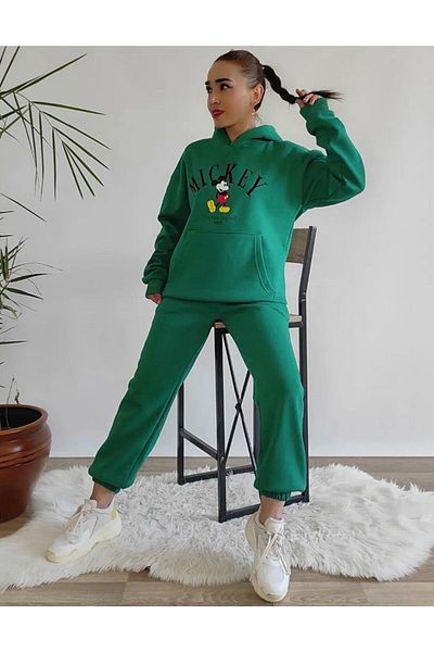 DUBU BUTİK Σετ φόρμας Mickey Lettering Figure Φούτερ Jogger - Πράσινη στάμπα Oversize Raster Hooded