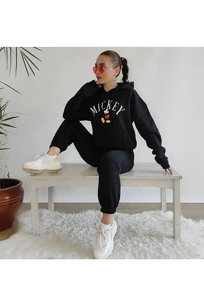 DUBU BUTİK Σετ αθλητικής φόρμας Mickey Font Figure Φούτερ Jogger - Μαύρη στάμπα Oversize Raster Hooded