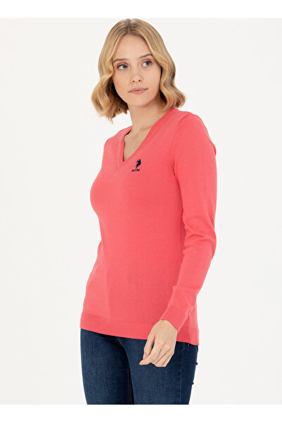 U.S. Polo Assn. U.S. Polo Assn. V Yaka Slim Fit Pembe Kazak Kadın GTD02-BSK23