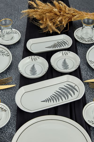 Erbaşlar India Pattern Lux Ceramic 21 Piece Round Digital Breakfast Set for 6 Persons, Breakfast Set
