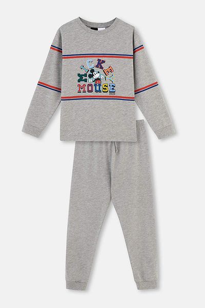 Dagi Grau meliertes Mickey-Mouse-Lizenz-Pyjama-Set mit Rundhalsausschnitt und langen Ärmeln