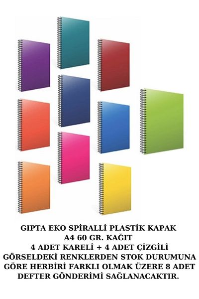 Gıpta GIPTA ECO PLASTIC COVER SPIRAL A4 60 GR80 YP4 PIECES STRIPES + 4 PIECES CHECK
