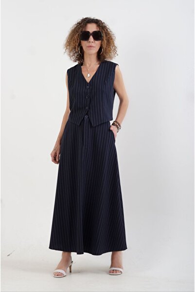 Zelish My Sister Fusta lungă cu linie A în dungi bleumarin