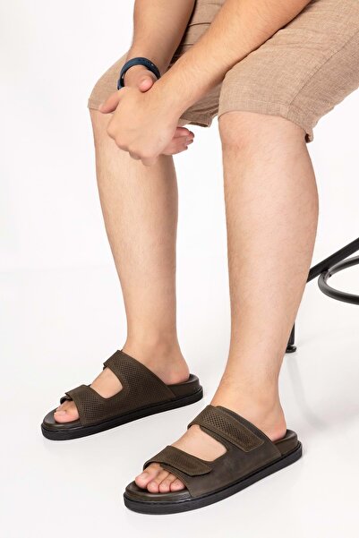 Gondol Erkek Hakiki Deri Cırtlı Ayarlanabilir Rahat Terlik Esm.616