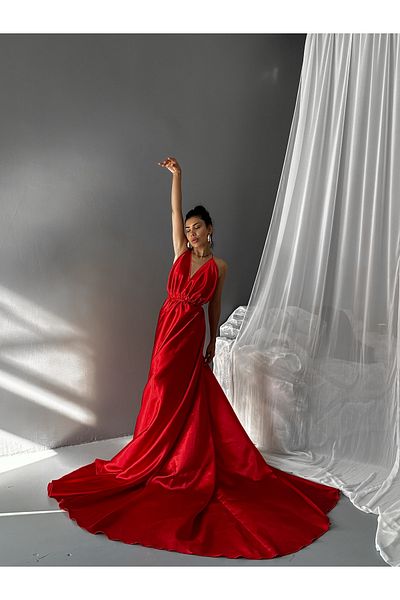 Gülşah Evecen Special Design Bluing Satin Long Dress