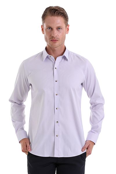 Hatemoğlu Λιλά Τσ. Comfort Fit ριγέ 100% βαμβακερό μακρυμάνικο πουκάμισο με λεπτή λαιμόκοψη