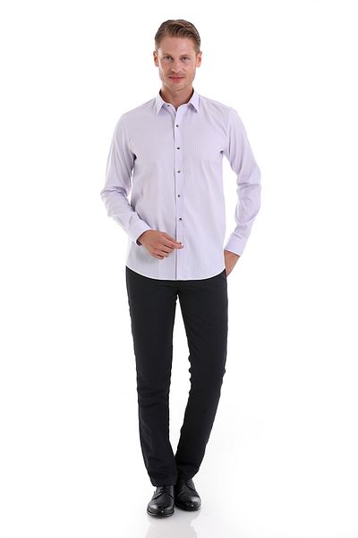 Hatemoğlu Λιλά Τσ. Comfort Fit ριγέ 100% βαμβακερό μακρυμάνικο πουκάμισο με λεπτή λαιμόκοψη