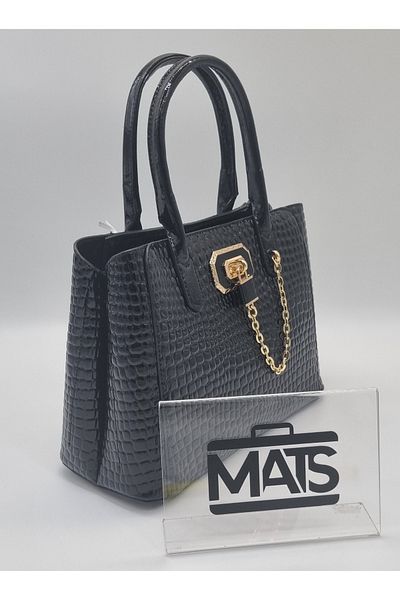 DSN Lock and Chain Decorated Hand and Shoulder Bag Black Patent Leather Crocodile