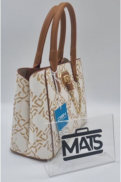 DSN Lock and Chain Decorated Hand and Shoulder Bag White Tan