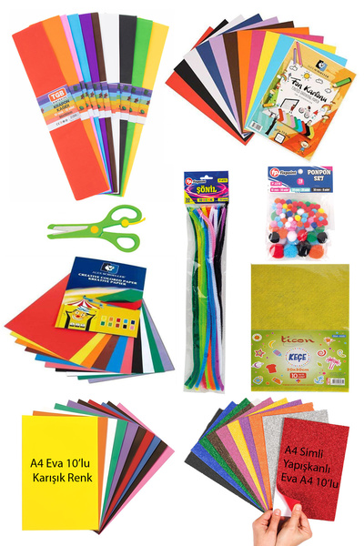 ACUTO Anaokulu Kreş Etkinlik Seti Elişi Kağıdı Simli Eva Fon Kartonu Krapon Şönil Makas Ponpon Okul Seti