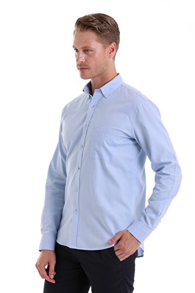 Hatemoğlu Mavi Comfort Fit Düz 100% Pamuk Düğmeli Yaka Uzun Kollu Casual Oxford Gömlek