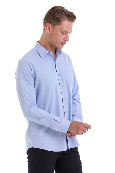 Hatemoğlu Mavi D. Slim Fit Desenli Pamuklu Slim Yaka Uzun Kollu Spor Gömlek