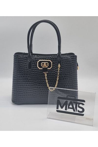 DSN Lock and Chain Decorated Hand and Shoulder Bag Black Patent Leather Crocodile