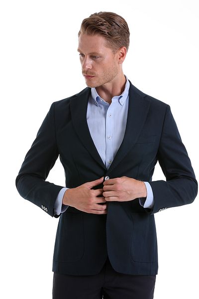 Hatemoğlu Navy Blue Slim Fit Plain Mono Collar Casual Linen Jacket