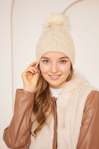 Eke Tekstil Ecru dámský baret s bambulí z pleteného detailu