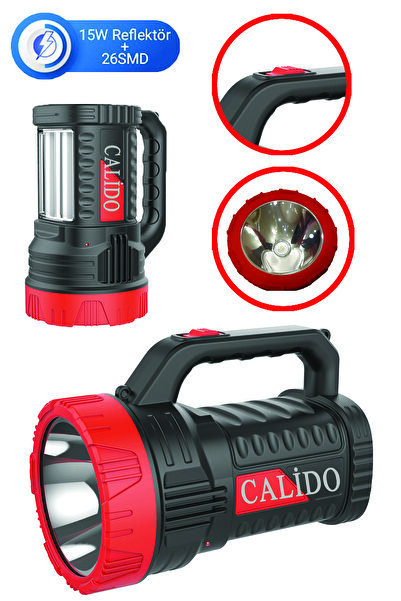 Calido Elektronik Şarjlı 15W Projektör Led El Feneri Yan Aydınlatmalı Uzun Me...