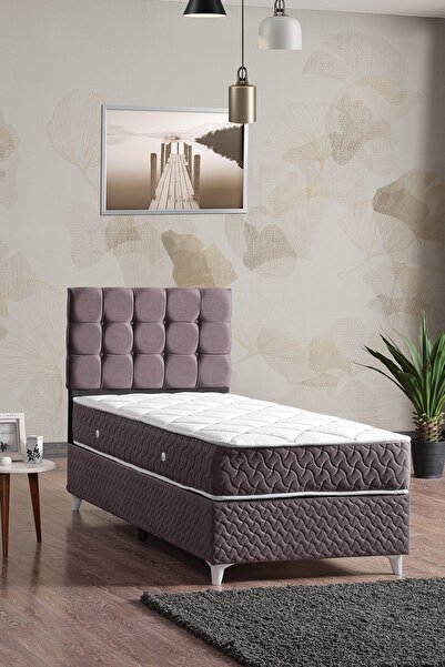 Evdemo Bengü Tek Kişilik Baza Başlık Yatak Seti Gri 90*190