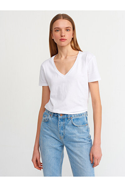Dilvin 3470 V-Neck Basic T-Shirt-Λευκό