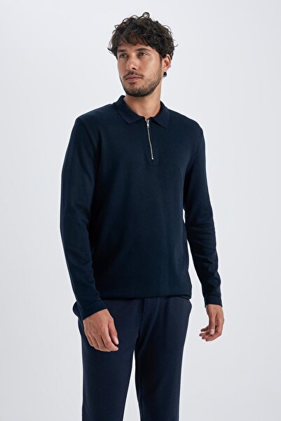 DeFacto Темно-синій светр з коміром-поло, що облягає фігуру, пуловер на блискавці V2516az23wn
