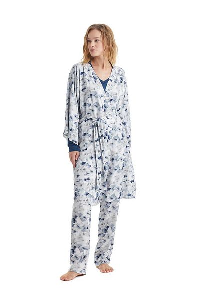 Blackspade Women's Long Sleeve V-Neck Navy Blue Pajamas & Dressing Gown Set 51224-51227