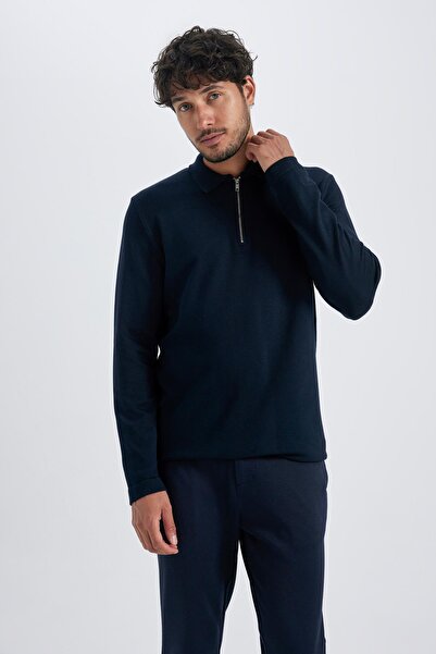DeFacto Темно-синій светр з коміром-поло, що облягає фігуру, пуловер на блискавці V2516az23wn