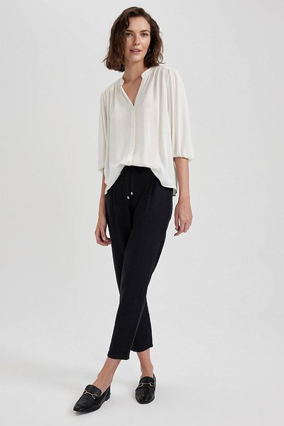 DeFacto High Waist Linen Look Trousers with Jogger Pockets