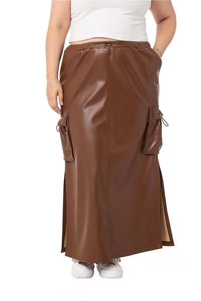 DISENTIS MODEST Plus Size Gather Λεπτομερής σχισμή μακριά δερμάτινη καφέ φούστα με μέση και τσέπες