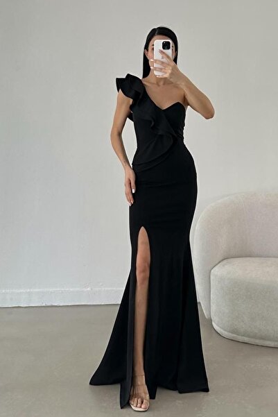 lovebox Flexible Crepe Fabric One Shoulder Detailed Black Long Evening Dress Black Maxi Prom Dress 024
