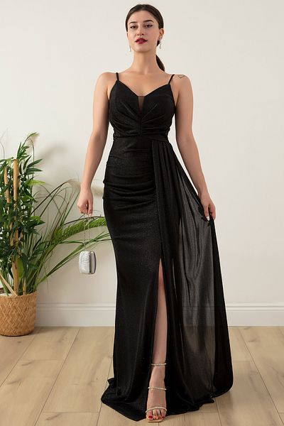 PULLIMM Rochie de seară lungă din tul cu sclipici, cu bretele, plisate, 39711