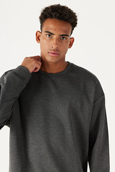 AC&Co / Altınyıldız Classics Pánská antracitovo-melanžová oversize mikina s volným střihem s výstřihem a výstřihem