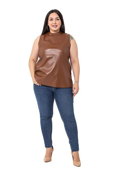 DISENTIS MODEST Plus Size Stand Collar Sleeveless Leather Tan Blouse