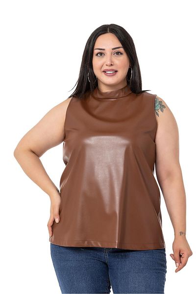 DISENTIS MODEST Plus Size Stand Collar Sleeveless Leather Tan Blouse
