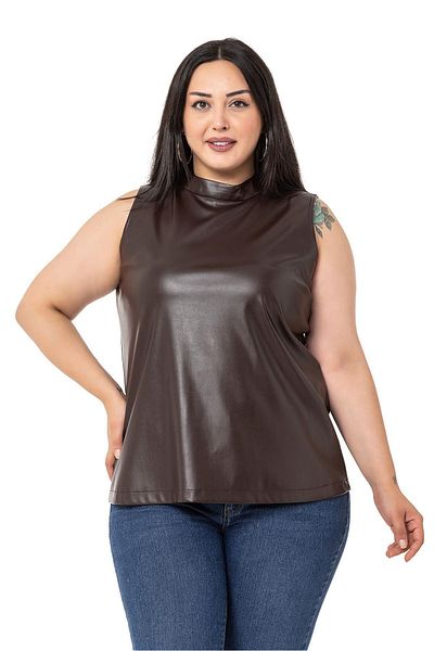 DISENTIS MODEST Plus Size Stand Collar Sleeveless Leather Brown Blouse