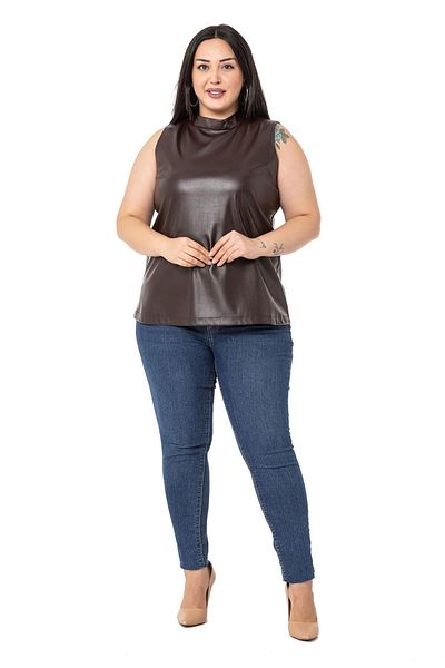 DISENTIS MODEST Plus Size Stand Collar Sleeveless Leather Brown Blouse